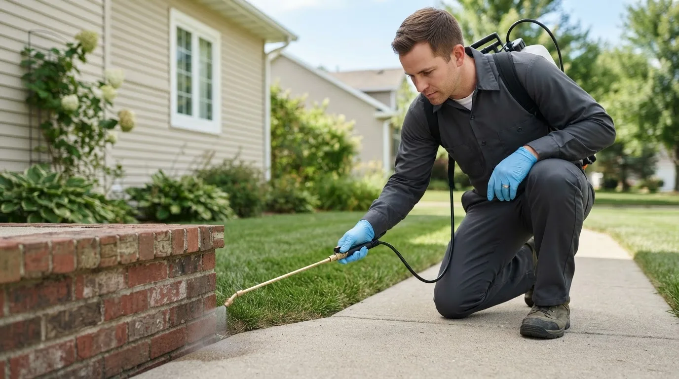 Pest control technician treating a home near Plymouth, IA