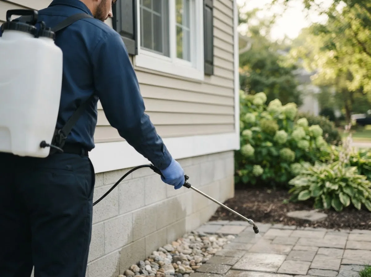 Pest control technician inspecting a home in Plymouth, IA